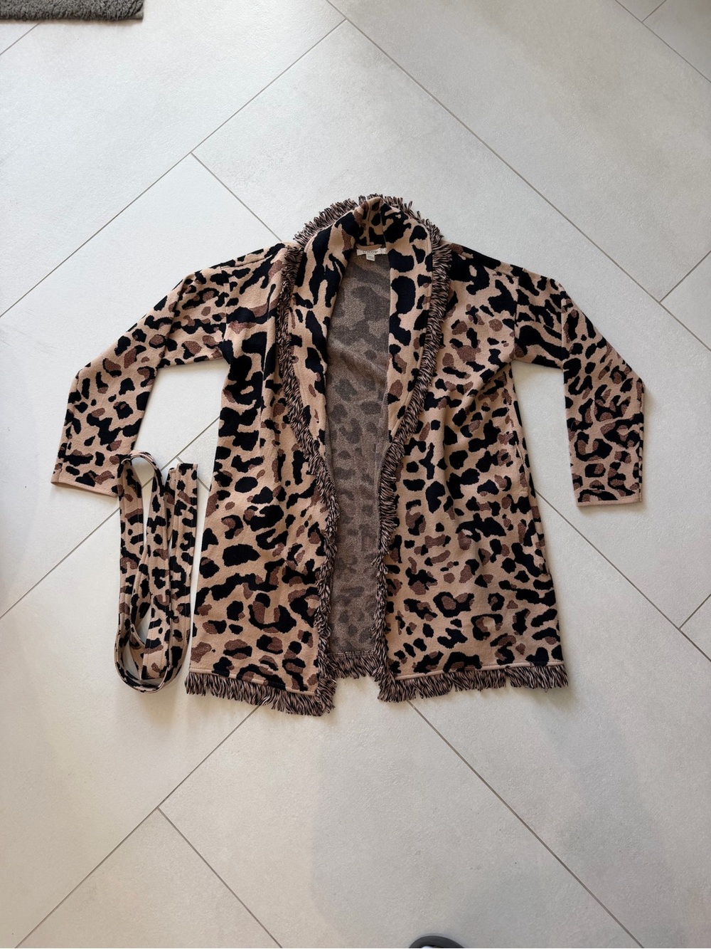 Chico's Leopard-Print Fringe Open Cardigan - Tan & Black